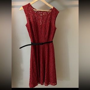 Red lace, black-belted dress, White House, Black Market